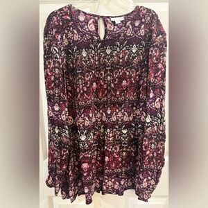 J. Jill Long Sleeve Floral Tunic Top in Burgundy, Black and Pink